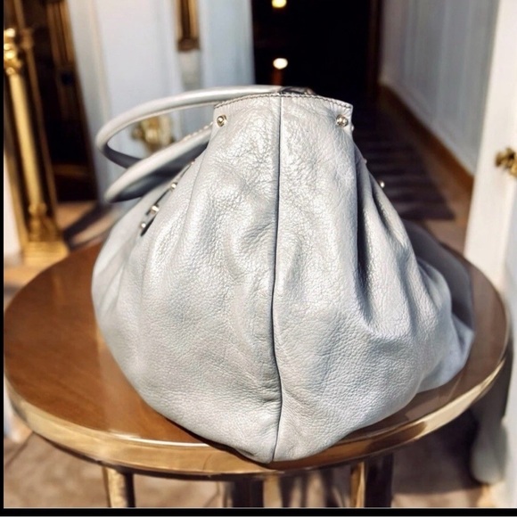 AUTHENTIC GUCCI PELAM GRAY STUDDED LEATHER SHOULDER BAG LARGE SLOUCHY GOLD HW - Picture 8 of 8